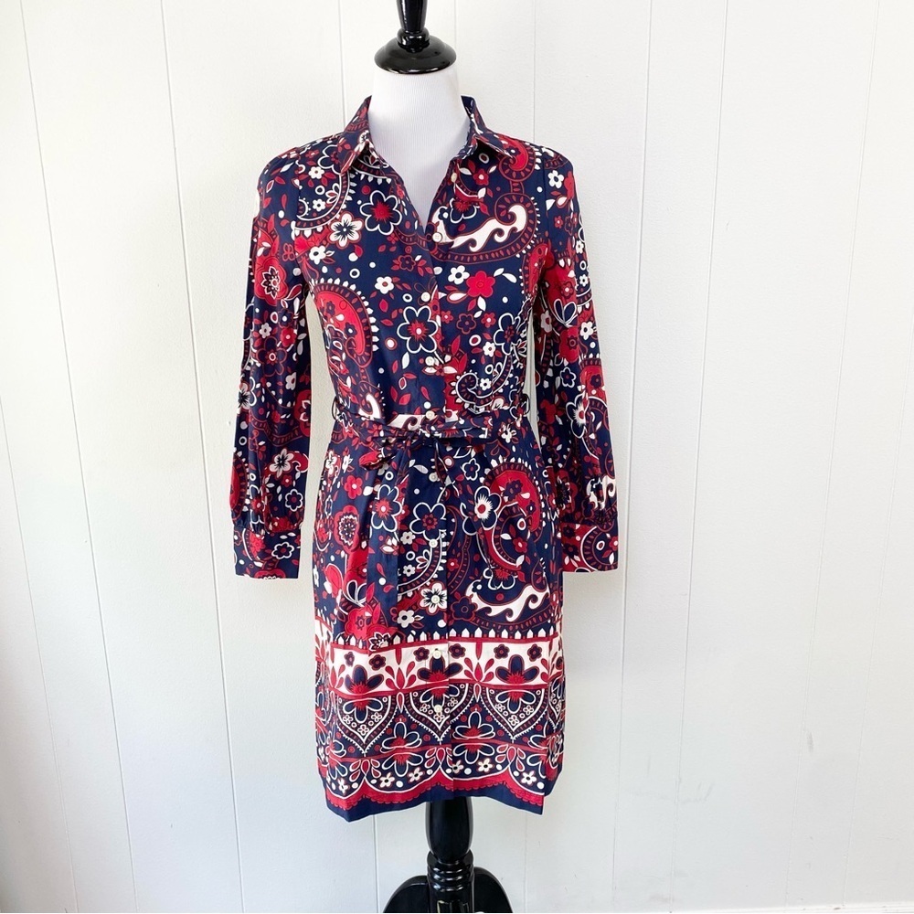 NWT Talbots Paisley Poplin Shirt Dress Size 2P Red Blue Old Money Cotton Belted - Picture 2 of 15